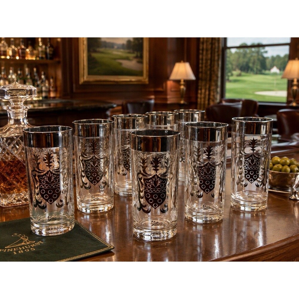 Fumiko Set of 8 Clear Glass Tumblers Black Coat of Arms Decorated MCM
